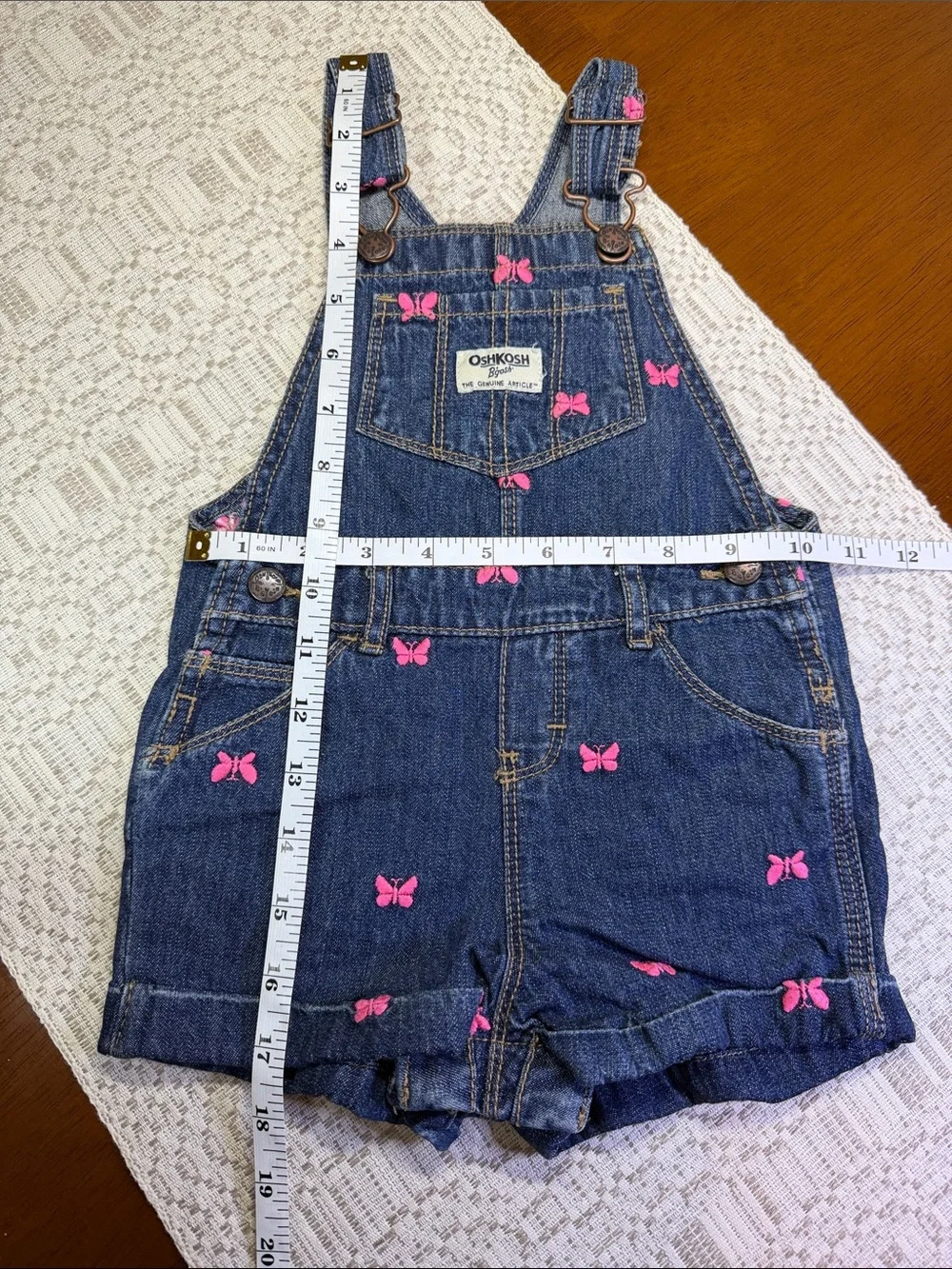 OshKosh B'gosh Denim Short Overalls with Pink Butterfly Accents